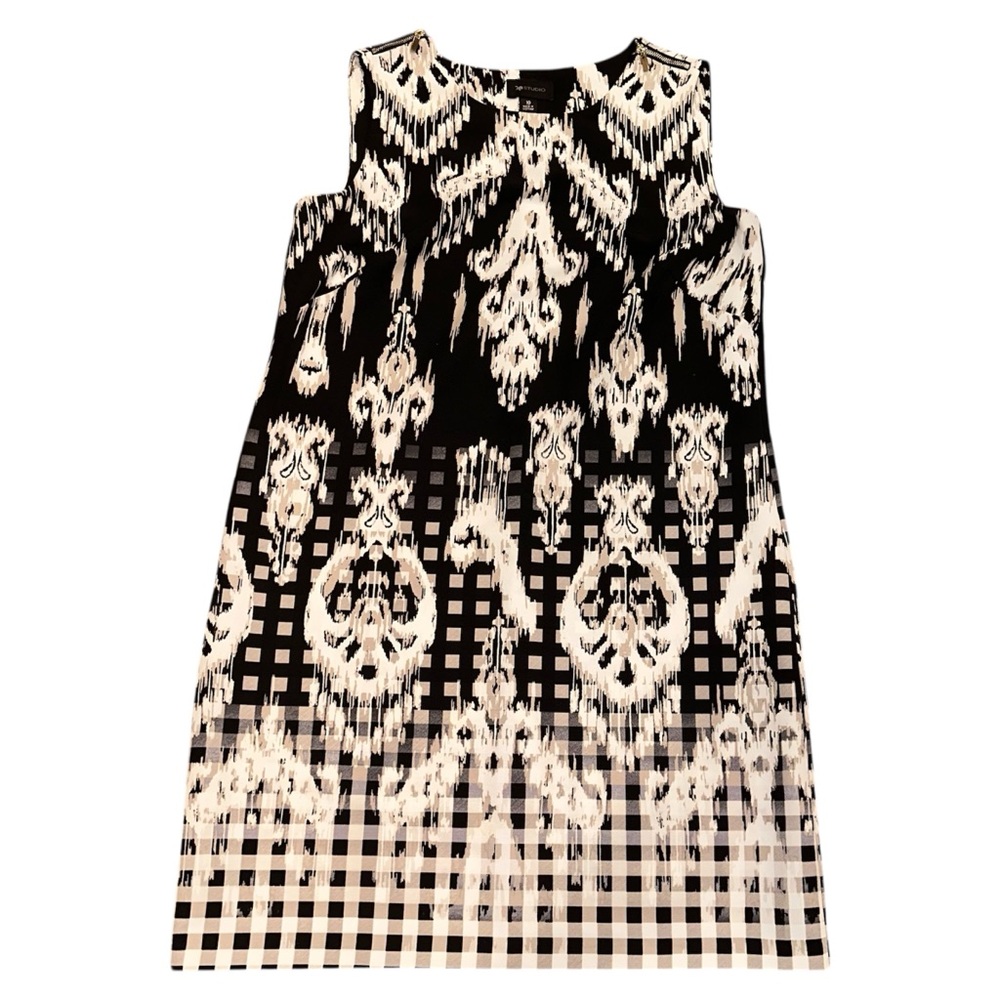 AB Studio Sleeveless Aztec Print Sheath Dress Black, White  & Tan Women’s 10